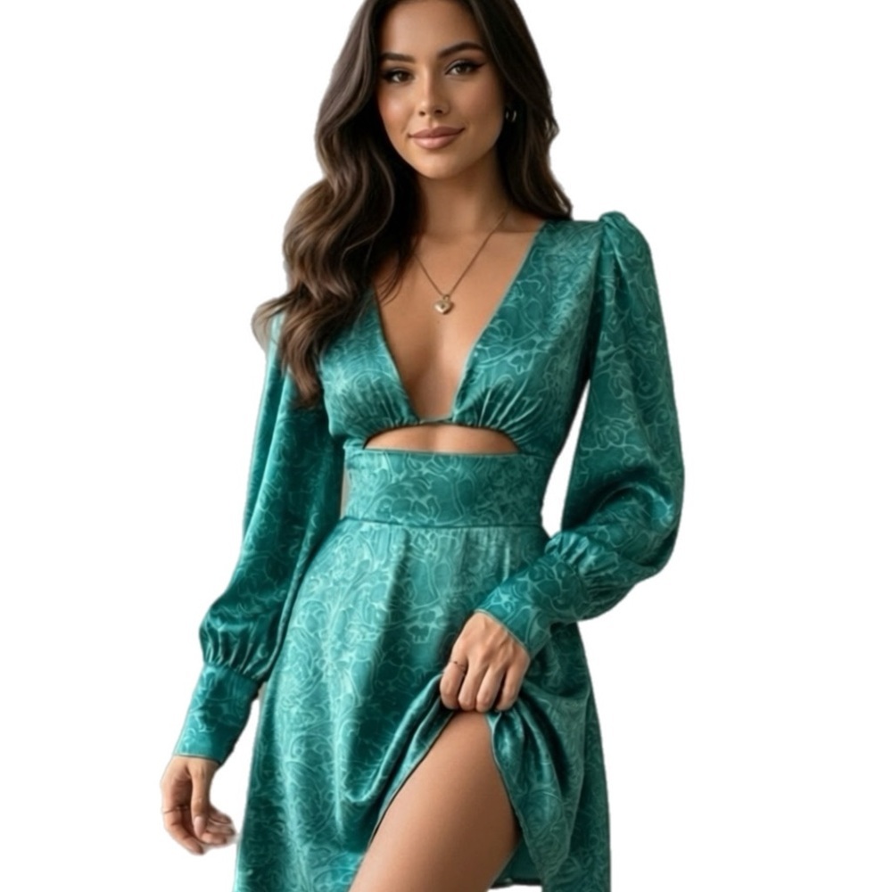 Green Teal Floral Mini Dress Size Large (8-10) P2P 16”